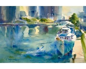 chicago lake watercolor boats