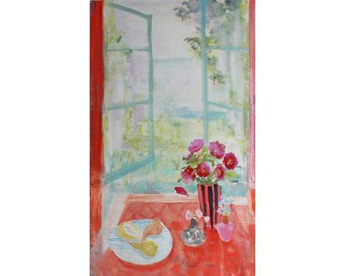 Peonies and Pears on Red